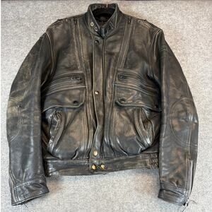 Vintage 80s Motorcycle Jacket Mens Size 42 Black Leather Lined Biker Rider